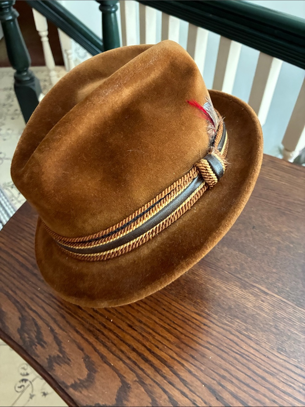 Vintage Brown Felt Fedora with Braided Trim and Feather